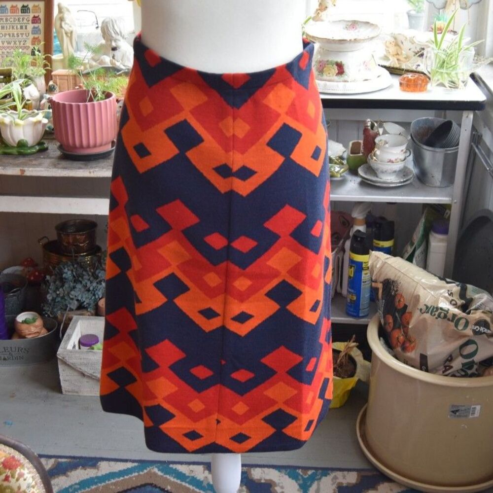 Vintage 70s Mod Geometric Knit Skirt Orange Navy A Line Southwestern Med